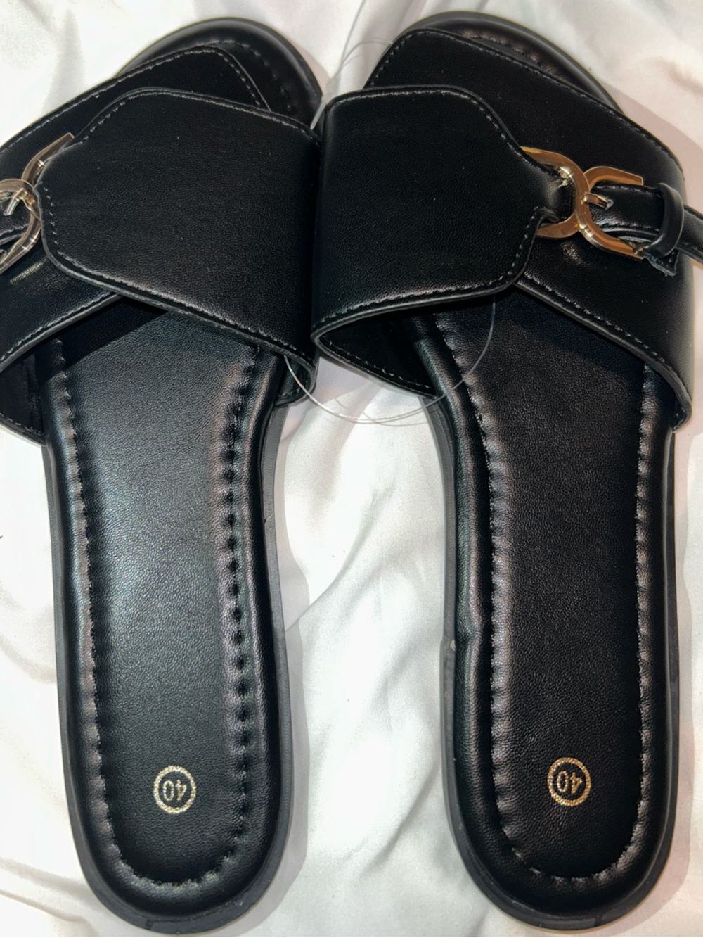 Women's Black Slide Sandals with Gold Chain Accent